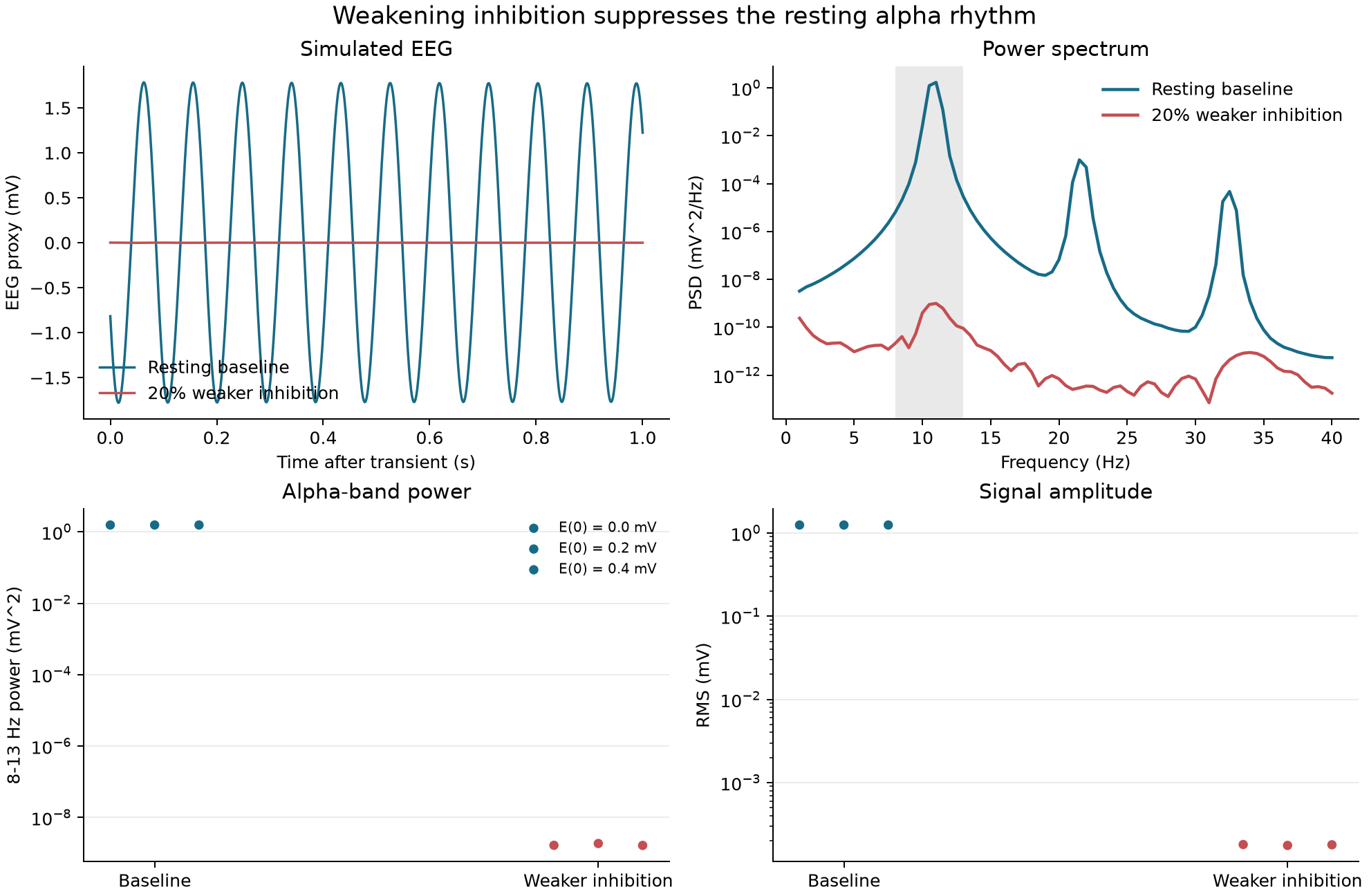 Four-panel alpha-rhythm comparison with matched EEG traces, power spectra, alpha-band power, and signal amplitude. The baseline shows an 11 hertz peak while the weakened-inhibition condition is suppressed across initial states.