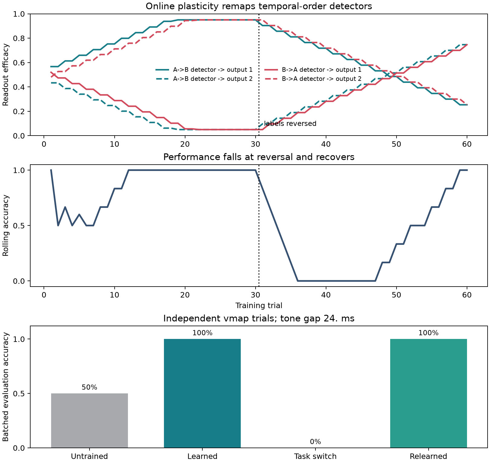Temporal-order learning figure shows chance performance before training, perfect acquisition, complete failure immediately after the output labels reverse, and perfect performance after continued relearning. Weight panels show the readout remapping.